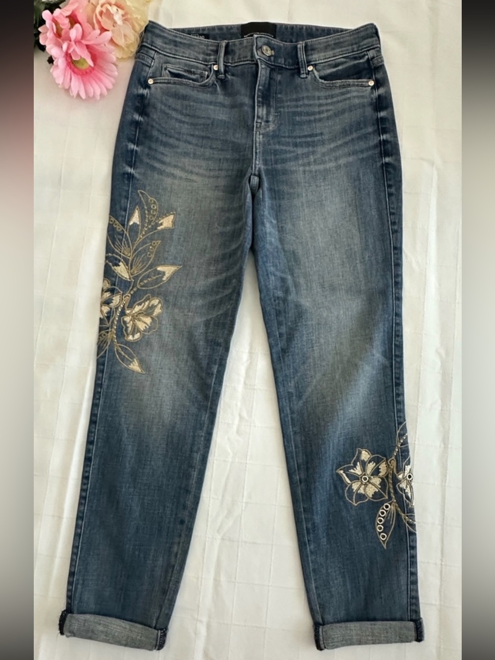 White House Black Market NWOT Dark Wash Boyfriend Jeans with Gold Floral Detail